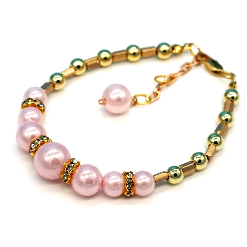 Bracelet Pink Gold Rhinestones Lobster Clasp Pearls Adjustable